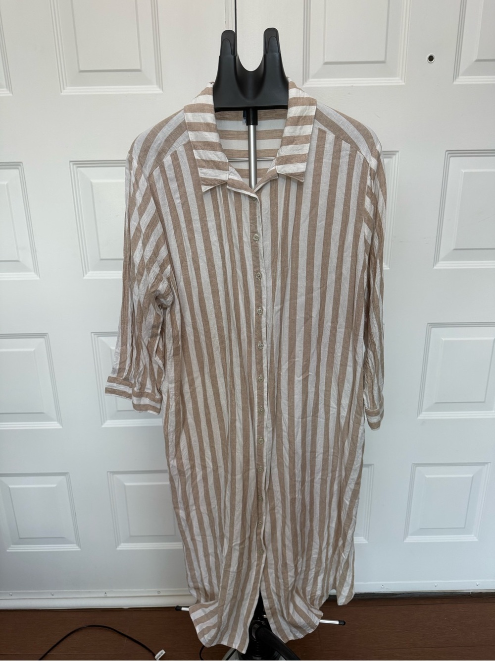 Old Navy Beige and White Striped Midi Shirt Dress - Picture 1 of 3